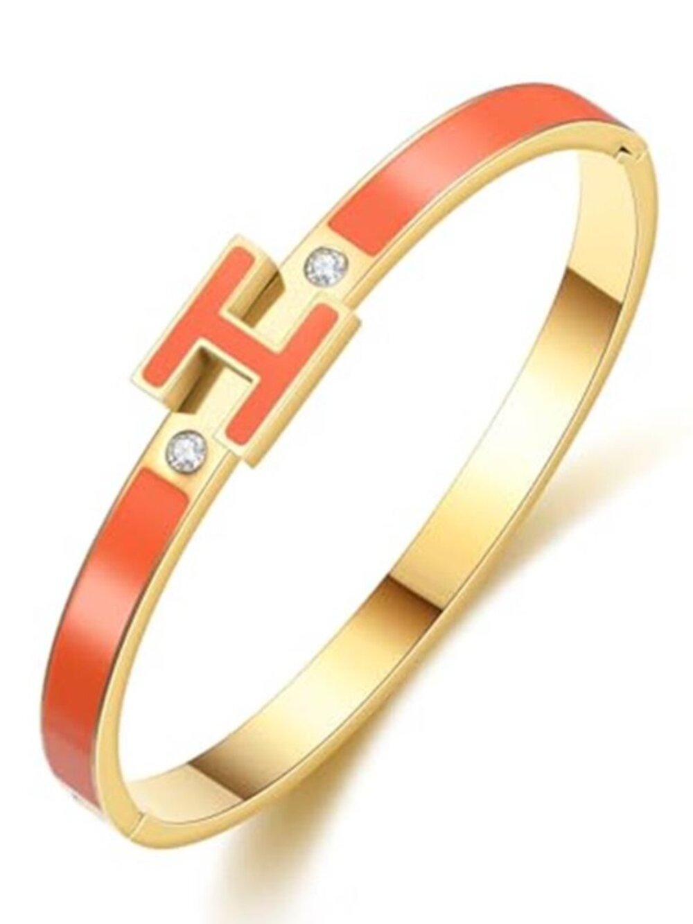 Orange Enamel H Bangle Bracelet 18K Gold Plated Stainless Steel Dainty